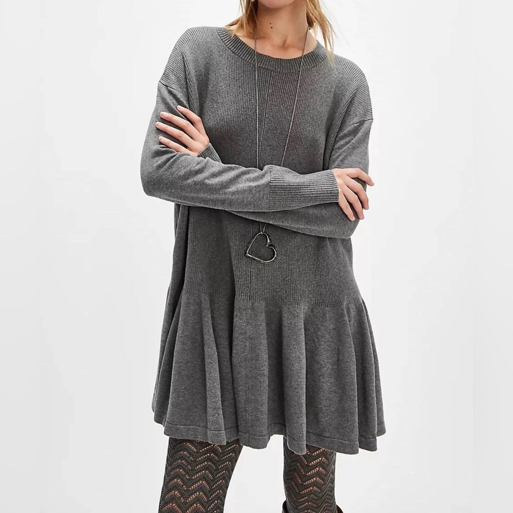 Free People Time On My Side Ruffle Hem Long Sleeve Gray Knit Mini Dress NWOT